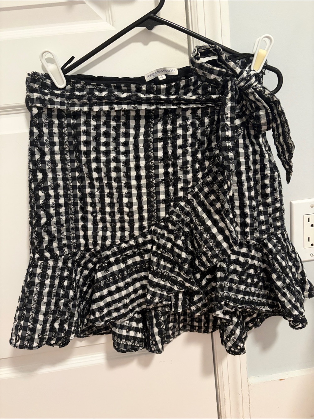Black and White Gingham Tie-Waist Ruffle Mini Skirt